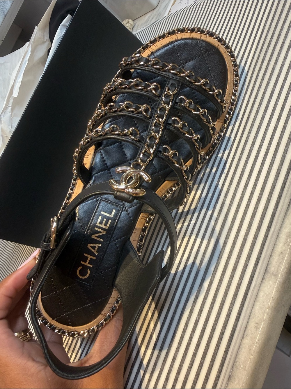 WORN ONCE AUTHENTIC CHANEL Black Leather Quilted Sandal with Gold Chain Trim